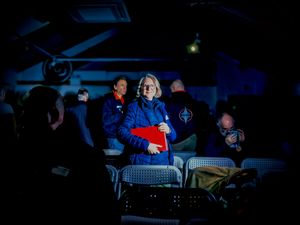 Sutton Hoo Longboat project - portrait of Allison Coleman – Fundraising Crew member, at an evening talk, Woodbridge, Suffolk