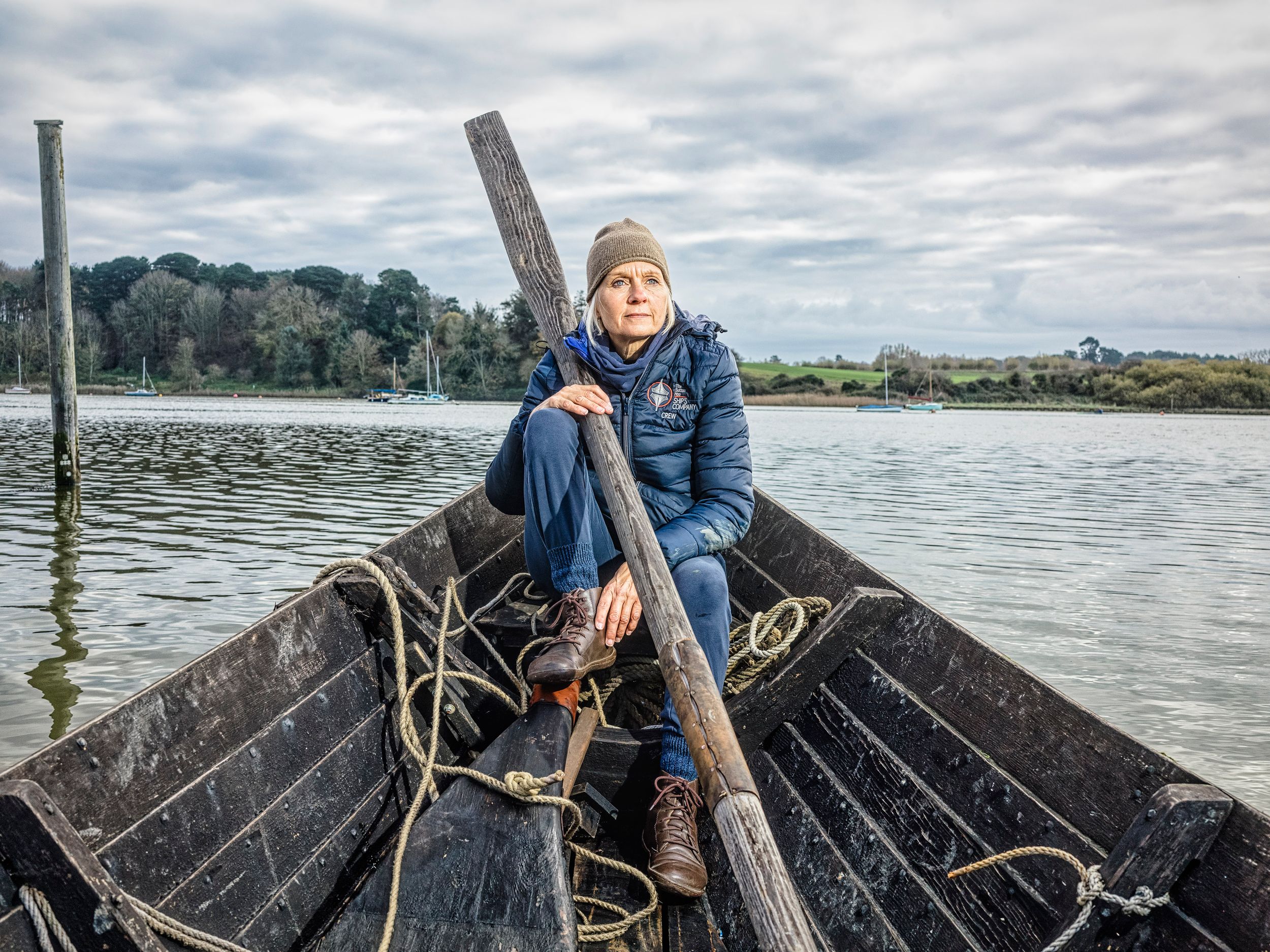 Sutton Hoo Longboat project  portrait of Jacq Barnard – Project Manager, photographed on the River Deben, Suffolk