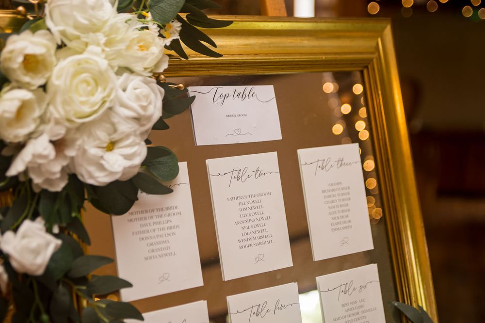 Elegant wedding seating chart display with white roses and gold frame.