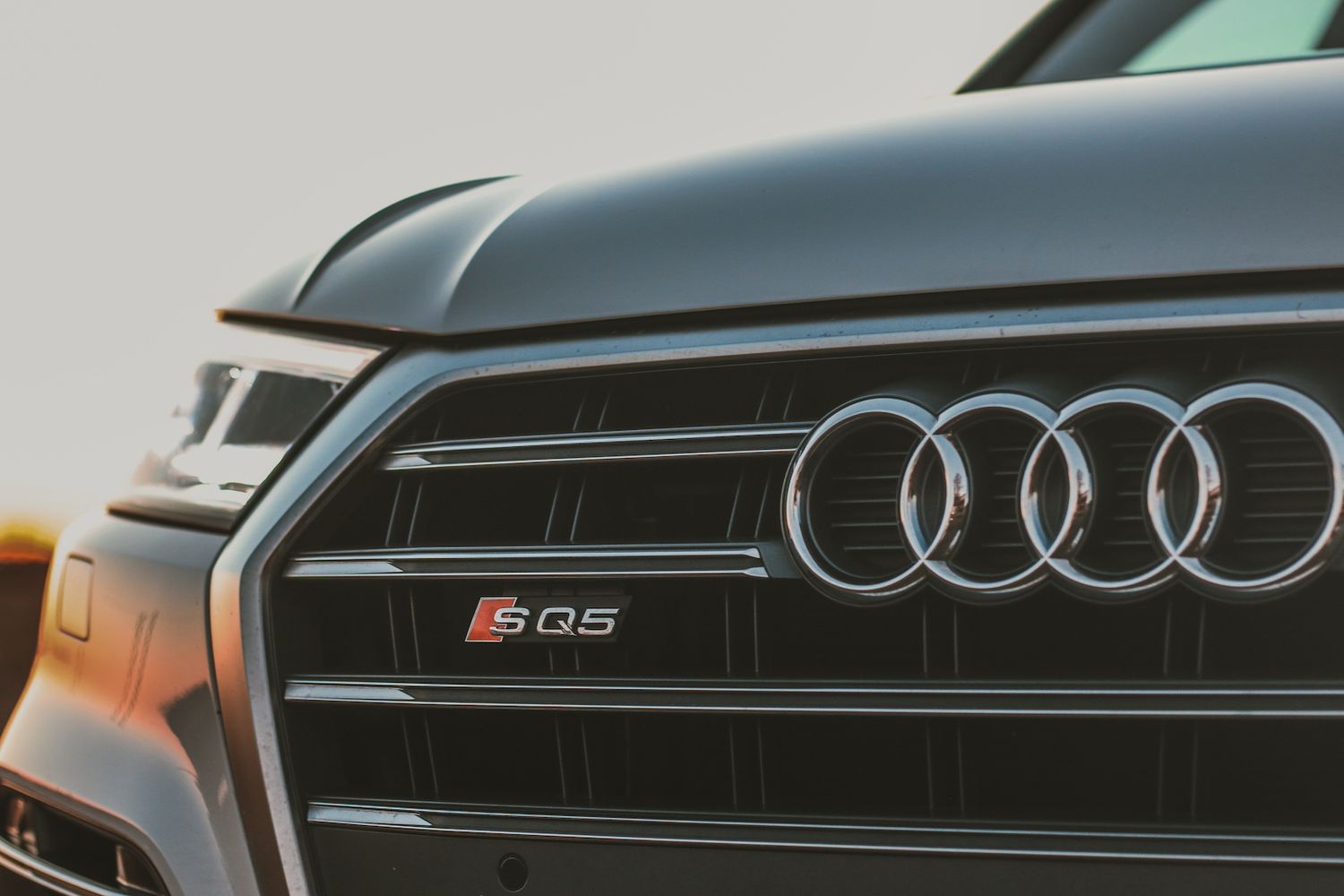 Close-up detail of an Audi SQ5 front grille with iconic four-ring logo.
