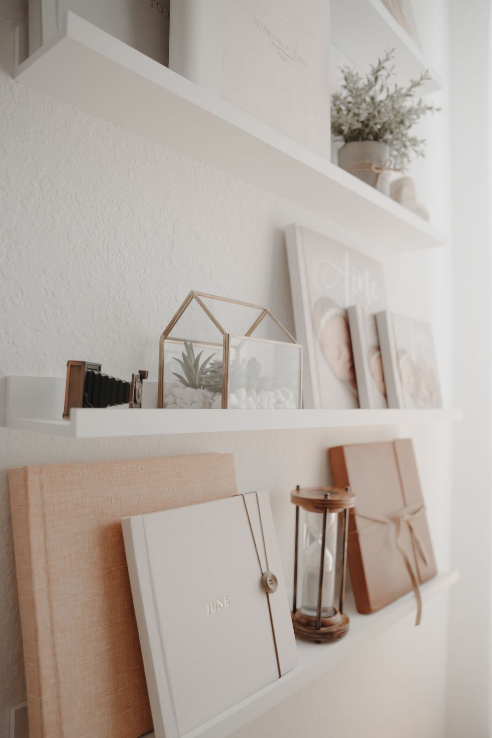 Minimalist white shelves adorned with neutral decor, books, and plants create a serene wall display in natural light.