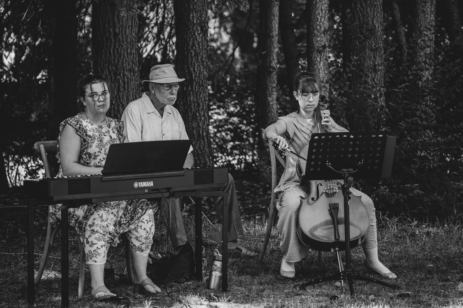 People enjoying live music performance in an outdoor wooded setting with string instruments and seating arrangement.