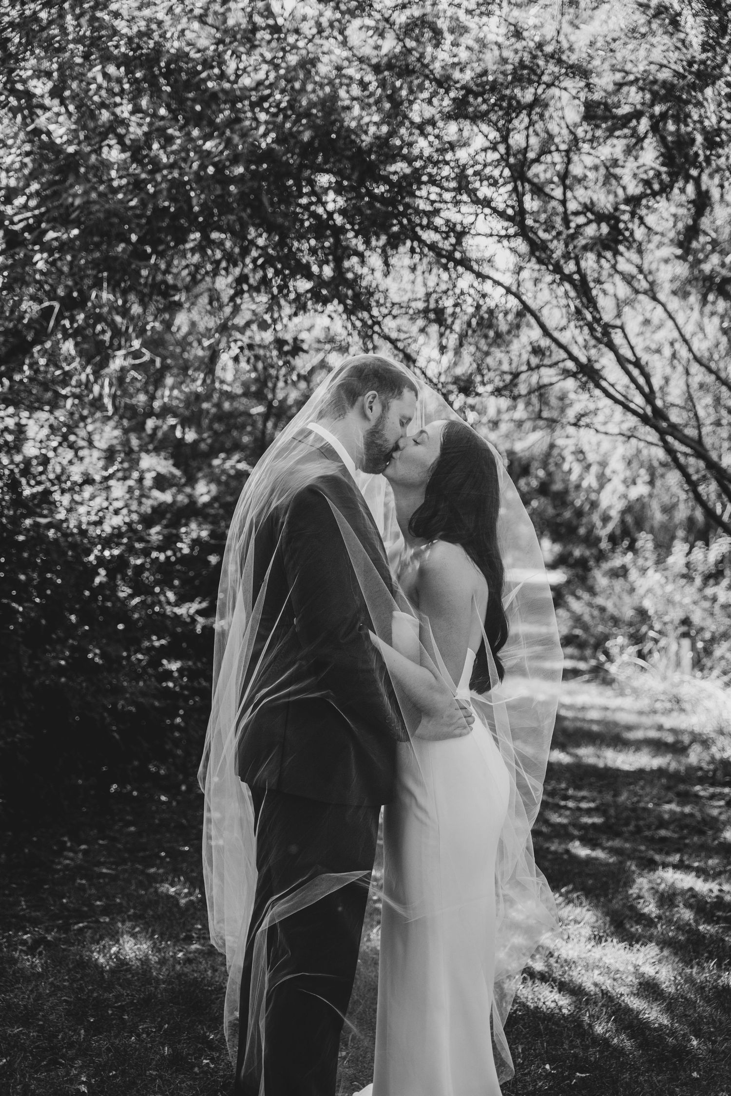 A romantic wedding couple kisses under trees in a black and white photograph with sunlight filtering through branches.
