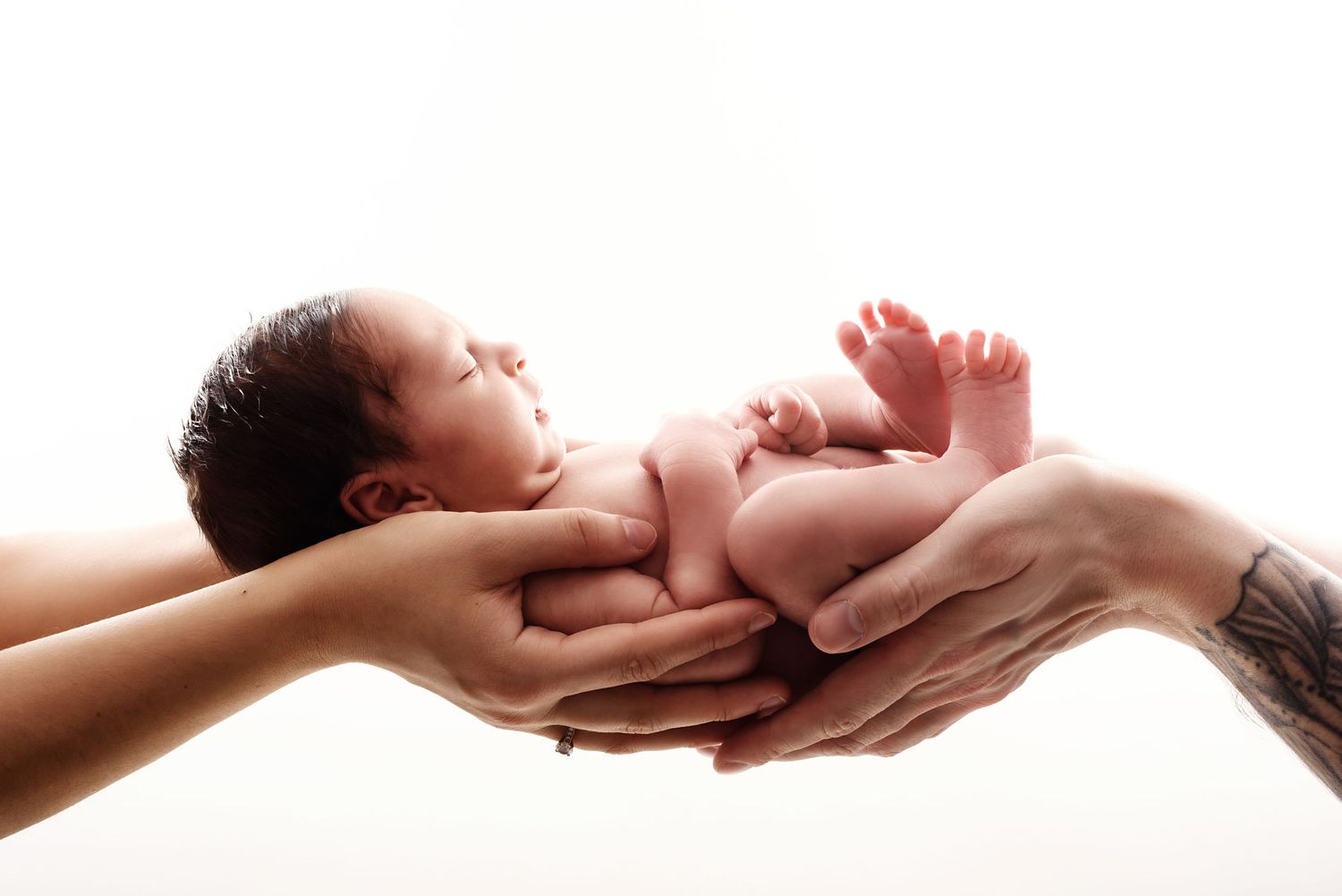 Series of hands gently cradling a newborn baby in minimalist white setting.
