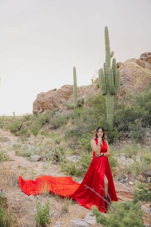 A flowing red dress billows dramatically among tall saguaro cacti in a desert mountain landscape.