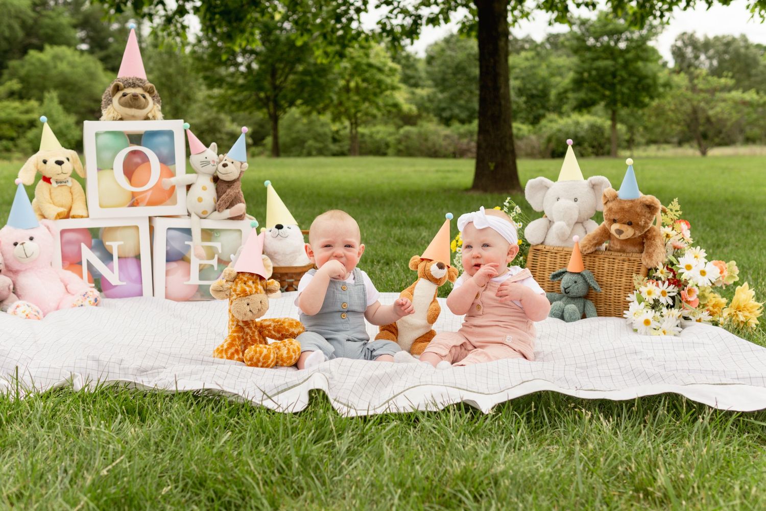 Pastel colored plush toys and decorative blocks arranged on white blanket for baby's first birthday photoshoot in garden setting.