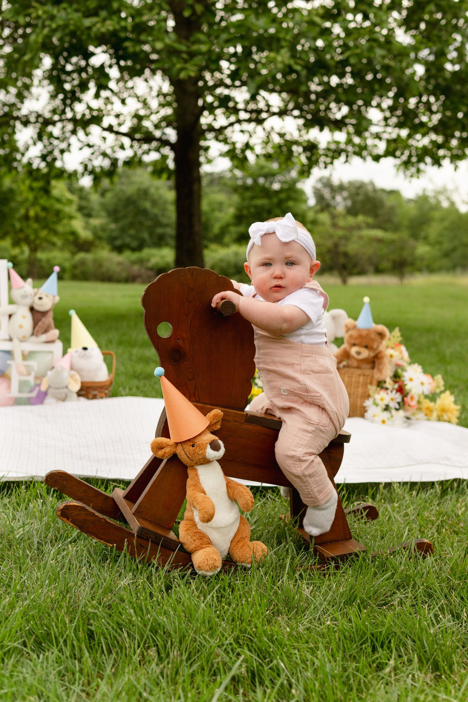 Vintage summer cake smash with a wooden rocking horse setup by cherry hill family and milestone photographer.