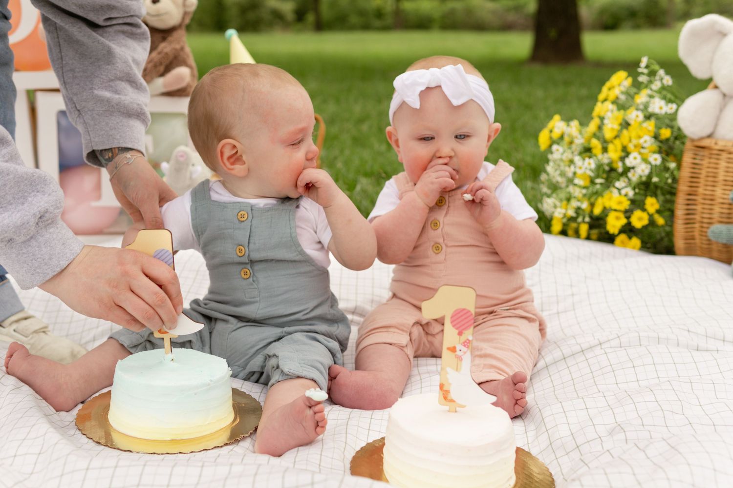 A springtime picnic setup for twins with stuffed animals and party hats for a cake smash by Collingswood family and milestone photographer