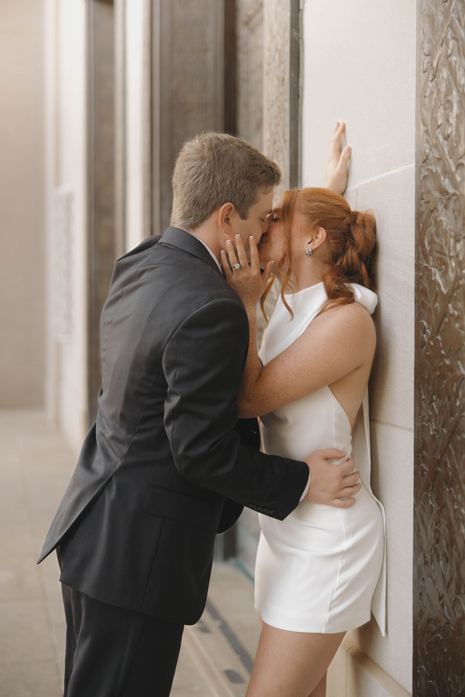 A blurred artistic triptych of an intimate moment showing a couple in formal attire during their wedding.