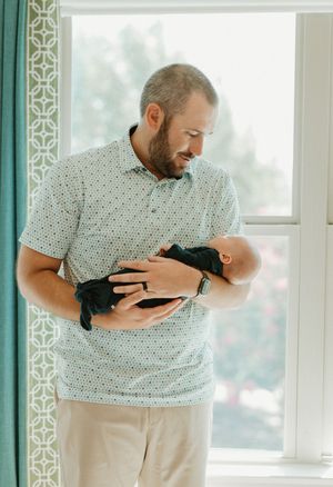 Sweet family moments captured in sequence by a bright window with turquoise curtains.