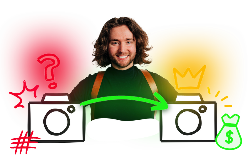 A smiling photographer stands between two illustrated cameras with colorful icons representing photography-related elements.