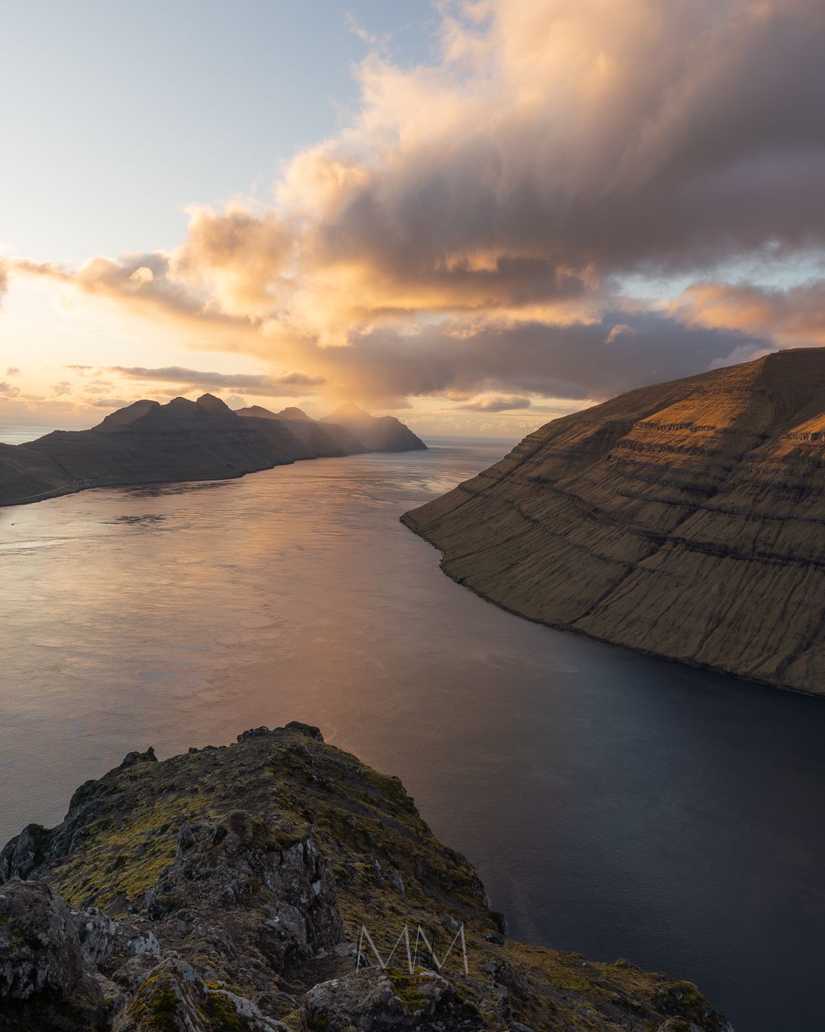 Sunset over the fjords in the Faroe Islands
