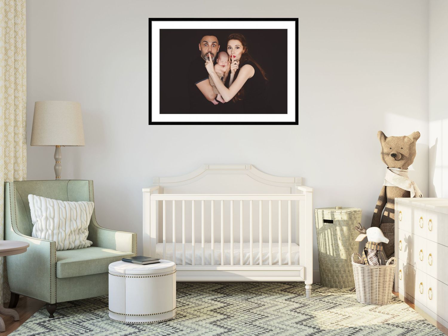 A modern nursery interior with white crib, mint green armchair, framed artwork, and decorative accessories on a patterned rug.