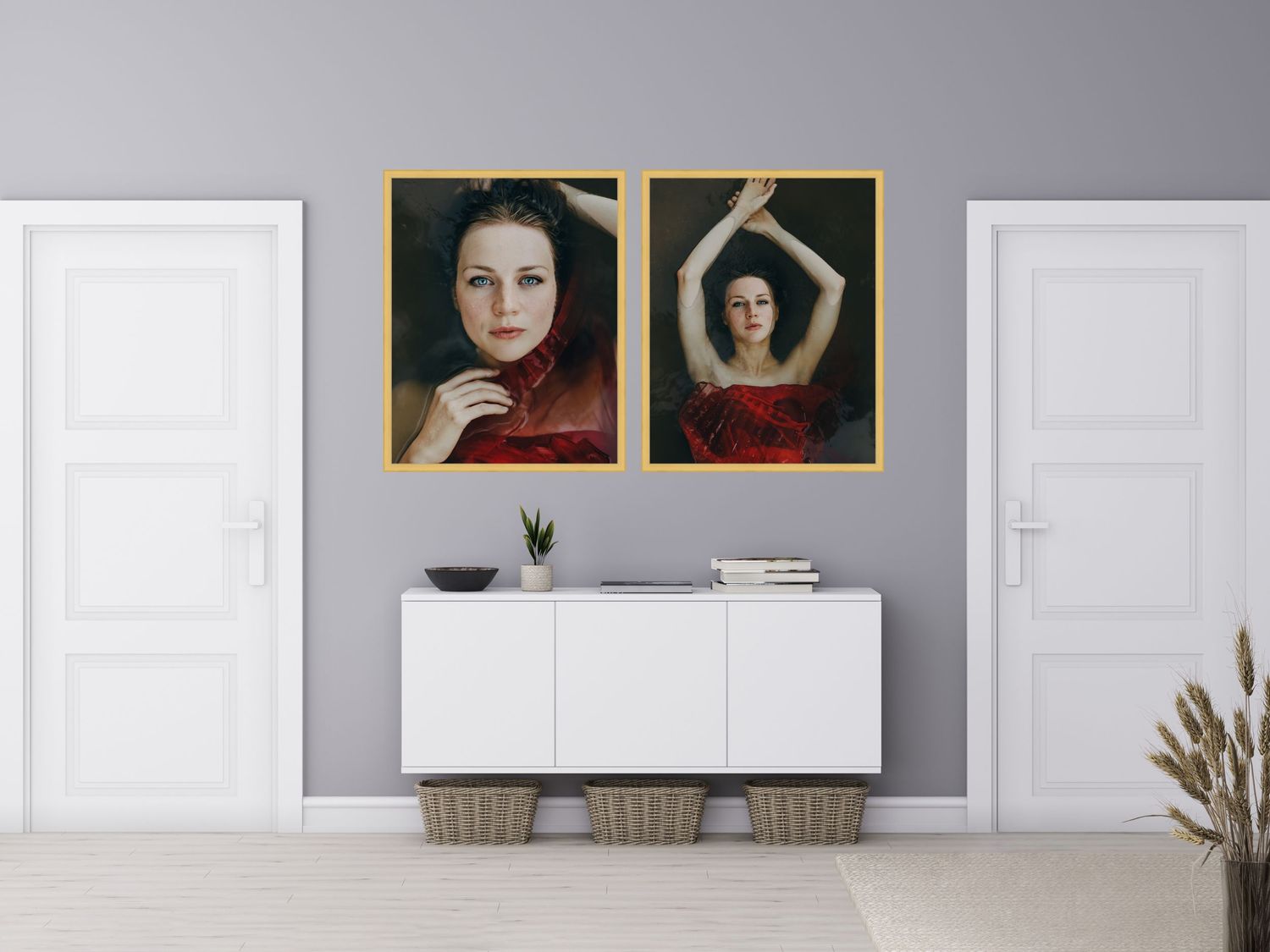 Artistic framed photographs displayed on a light gray wall featuring portrait compositions and moody lighting.