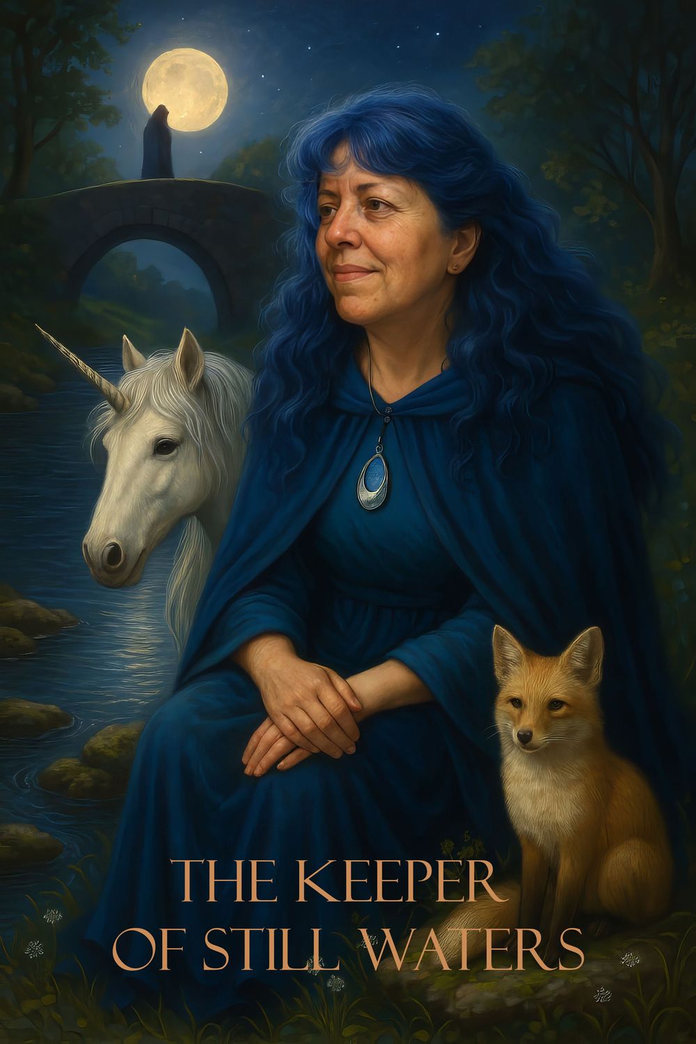 Fantasy art portrayal of figure in dark blue cloak with unicorn and fox companions beneath glowing full moon and stone arch.