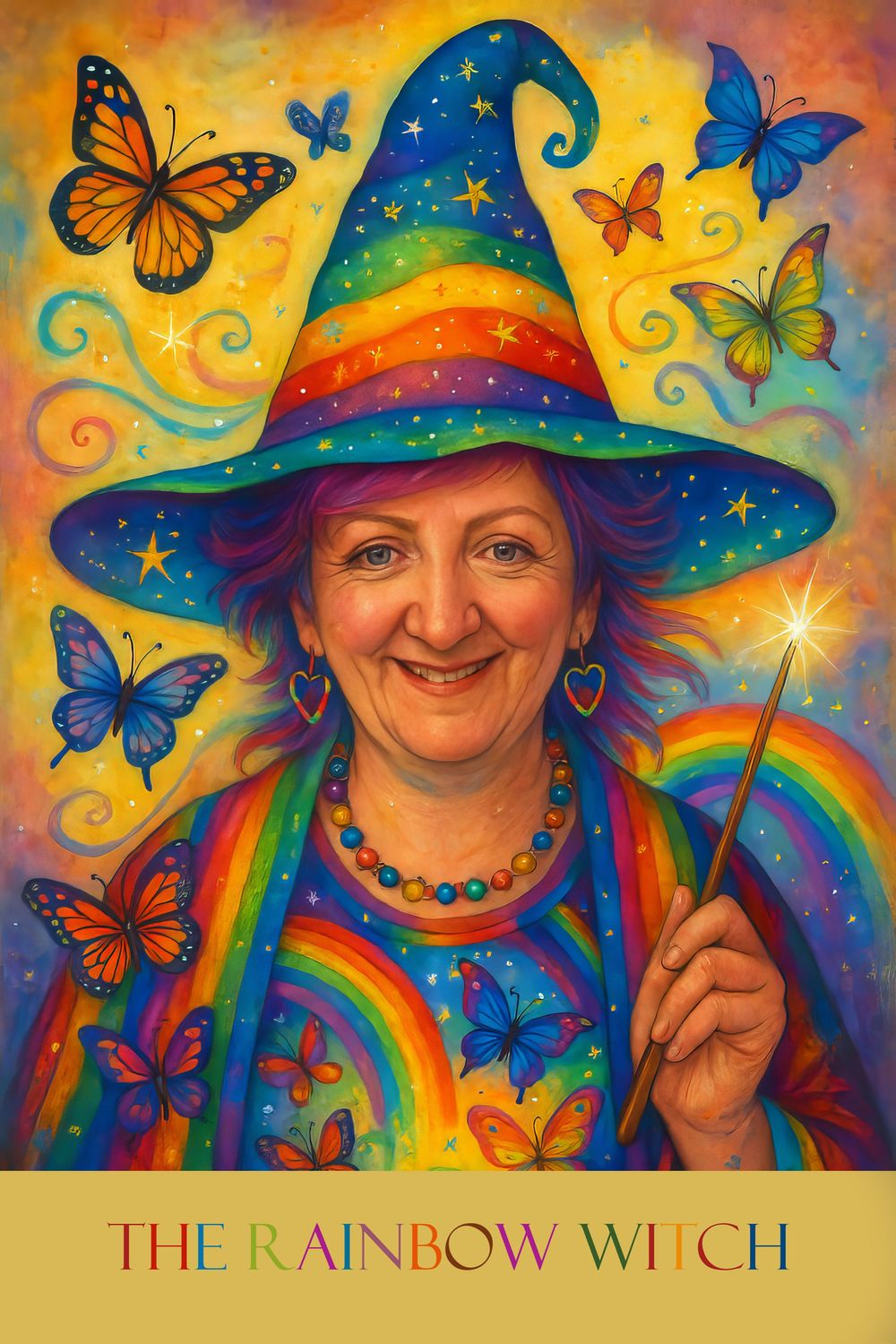 A whimsical art illustration shows a witch with a pointed starry hat alongside colorful butterflies and magical rainbow swirls.