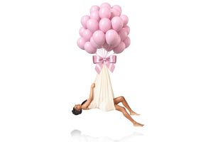 Artistic portrait featuring pink balloons lifting a figure against a white background.
