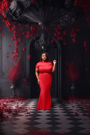 A woman in a red dress poses elegantly in a dramatic black room with checkered floor and red rose accents.