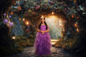 A magical garden scene with glowing lanterns illuminates a person in a flowing purple gown standing beneath a floral archway.