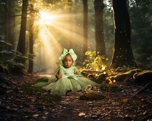 A whimsical forest scene with dramatic sunbeams streaming through trees as a small figure in green sits among fallen leaves.