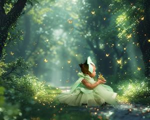 A serene forest scene with mystical glowing butterflies flying around a floating figure in a white dress and earthy background.