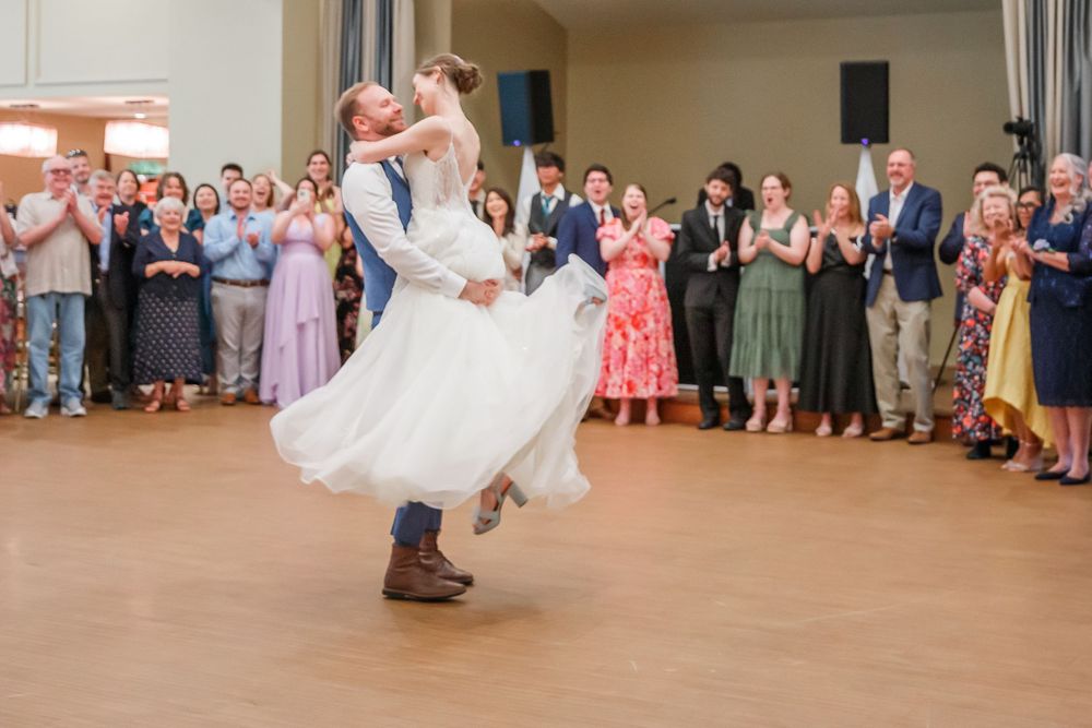 A collection of wedding dance floor moments showing people celebrating with twirls and dance moves at an indoor venue.
