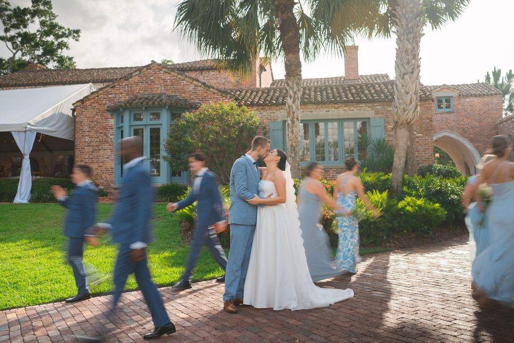 A collection of outdoor wedding ceremony photos showing couples against brick buildings and garden settings.