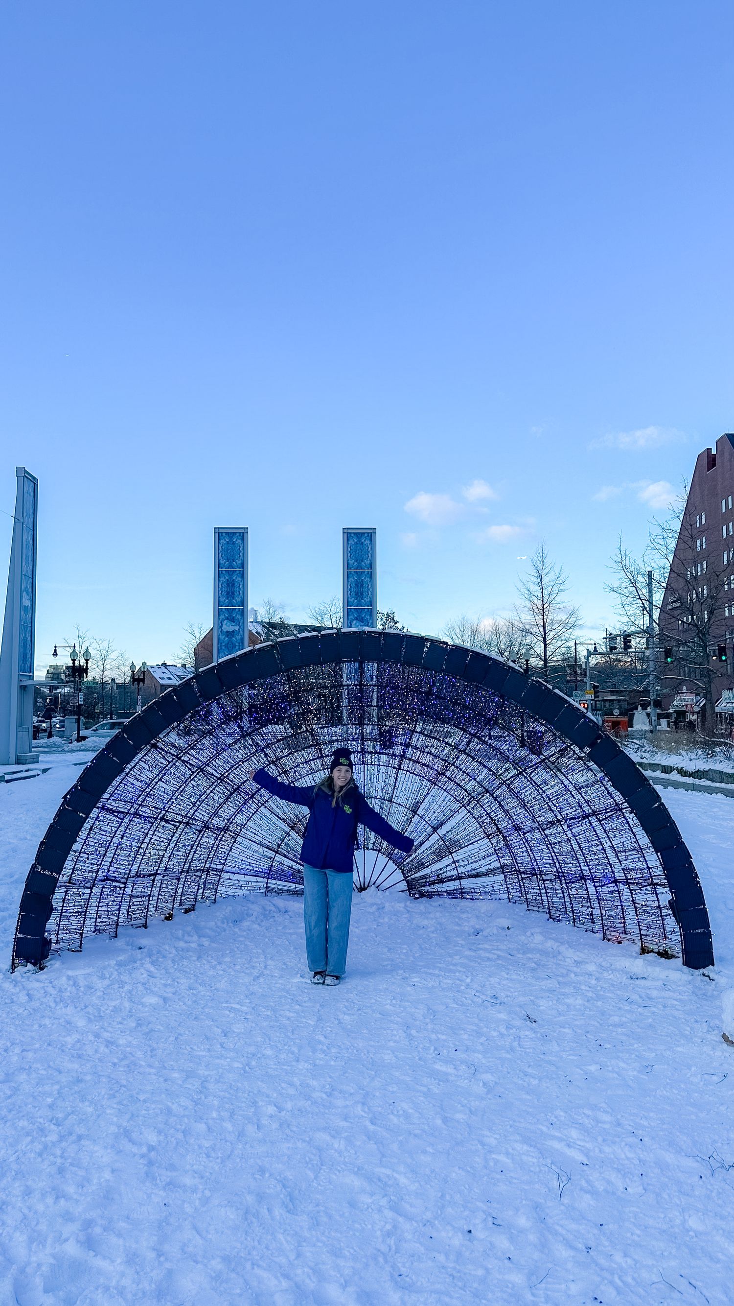 A sequence of snowy images showing a person interacting with a curved metal art installation against a winter cityscape backdrop.