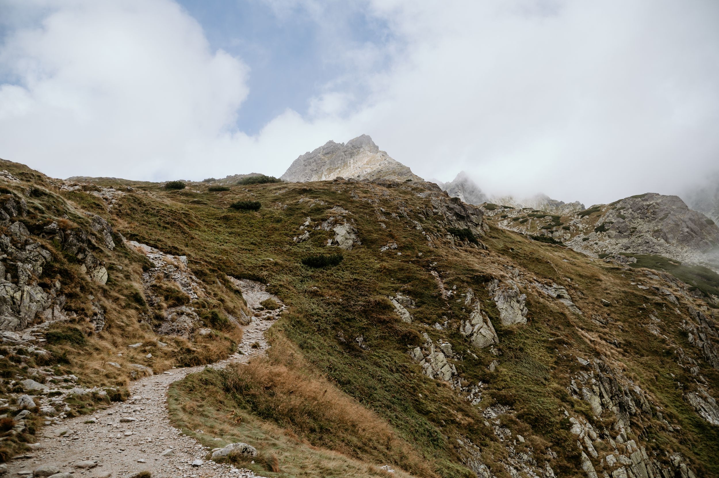 Rocky mountain trail winds up grassy alpine slope towards misty peak.
