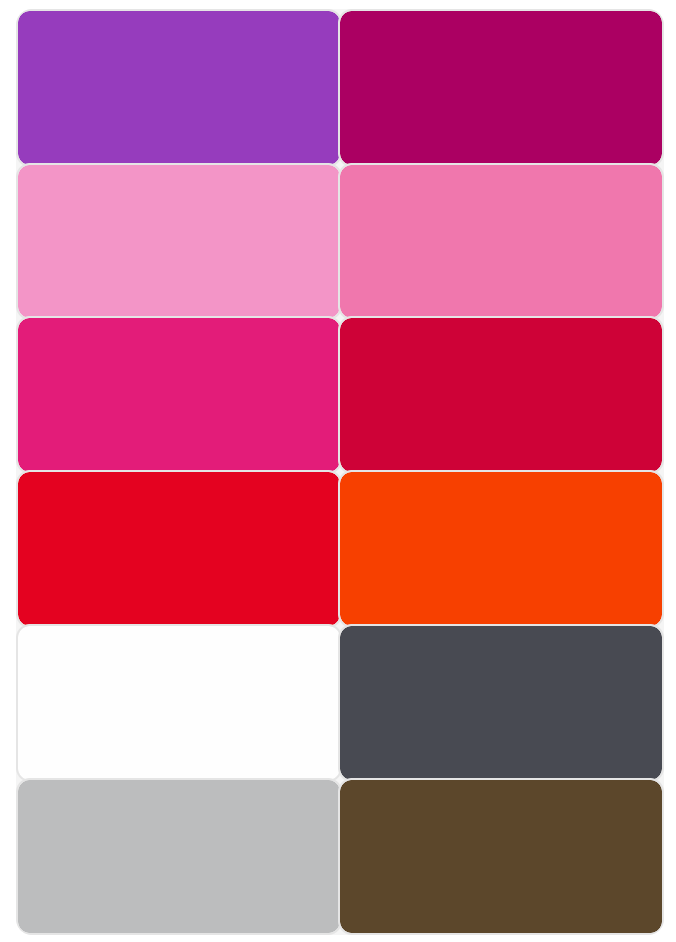 A collection of colorful rectangular swatches arranged in rows showcasing vibrant purples, pinks, reds, and browns.