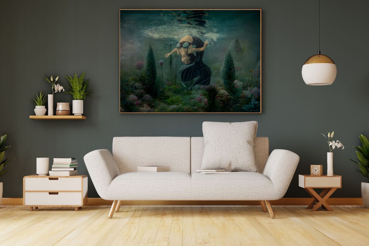 Modern living room interior with dark green walls, white sofa, and contemporary decor accents. Impressive underwater portrait on the wall.