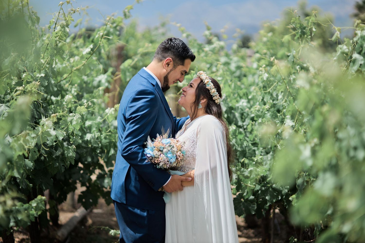 A couple shares an intimate moment among lush green grapevines in a vineyard.