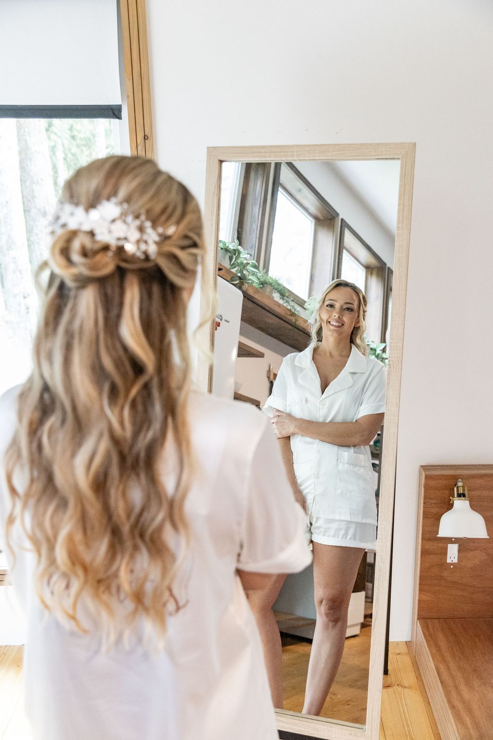 Bridal preparation sequence showing elegant hairstyling with delicate floral accessories in a sunlit room.