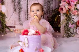 Baby in pink tulle dress sits by decorated cake with flowers and butterflies against pink rustic backdrop.