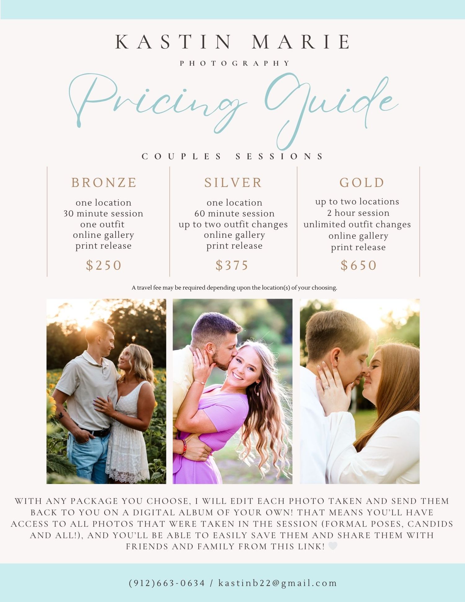 Photography pricing guide showing three tiers - bronze, silver and gold packages with sample photos and pricing details.
