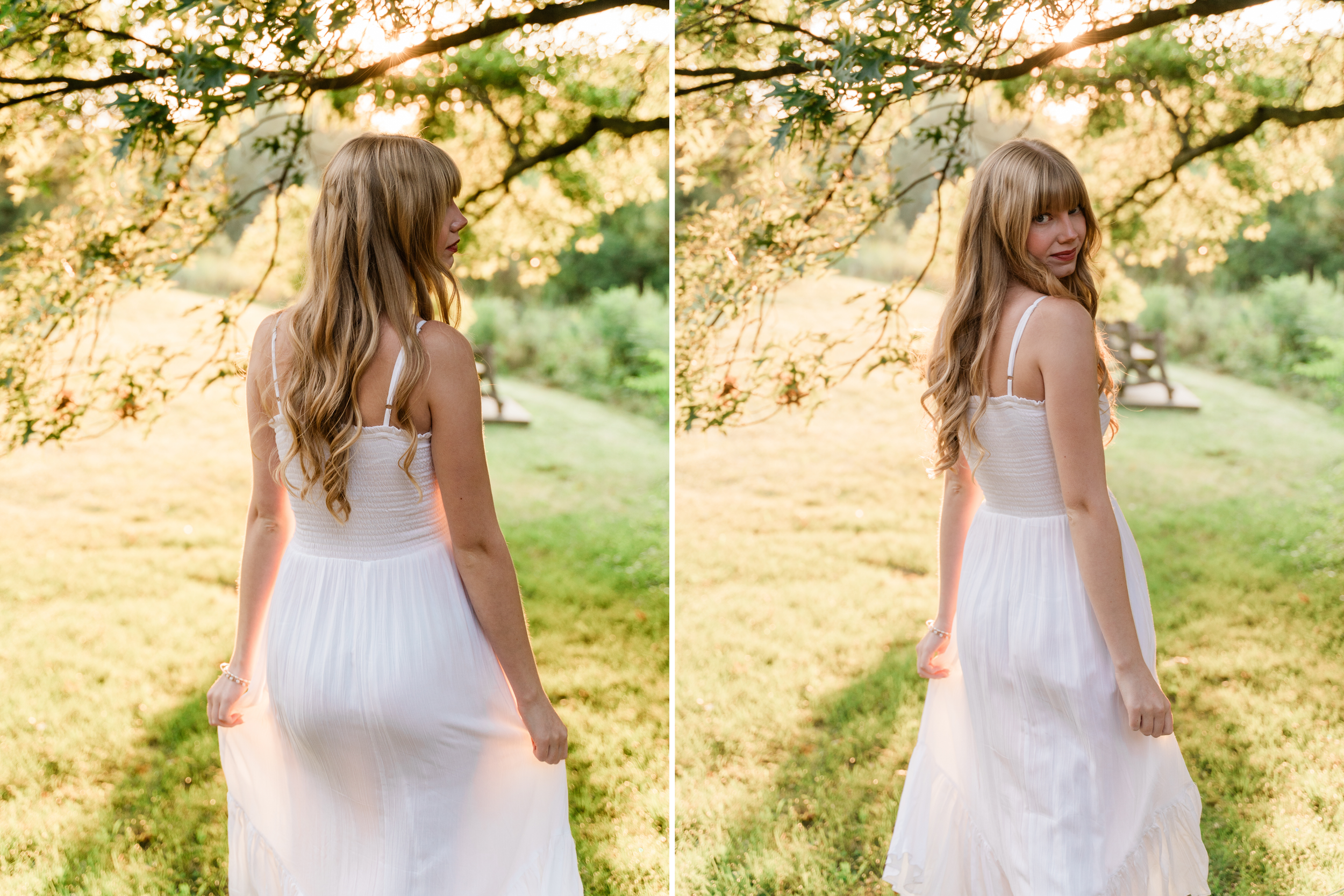 A figure in a flowing white dress walks through a sunlit garden path during golden hour.