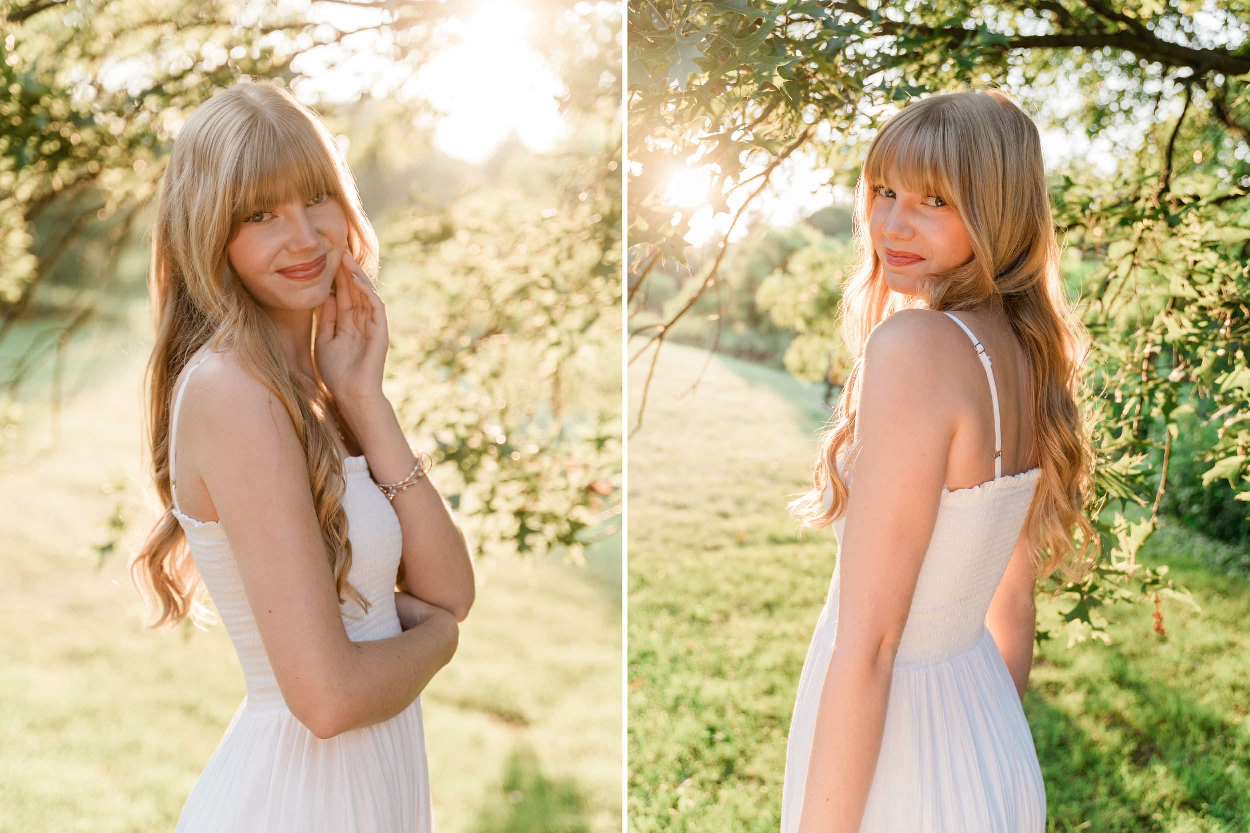 A series of romantic outdoor portrait photos captured in golden sunlight beneath blooming spring trees.