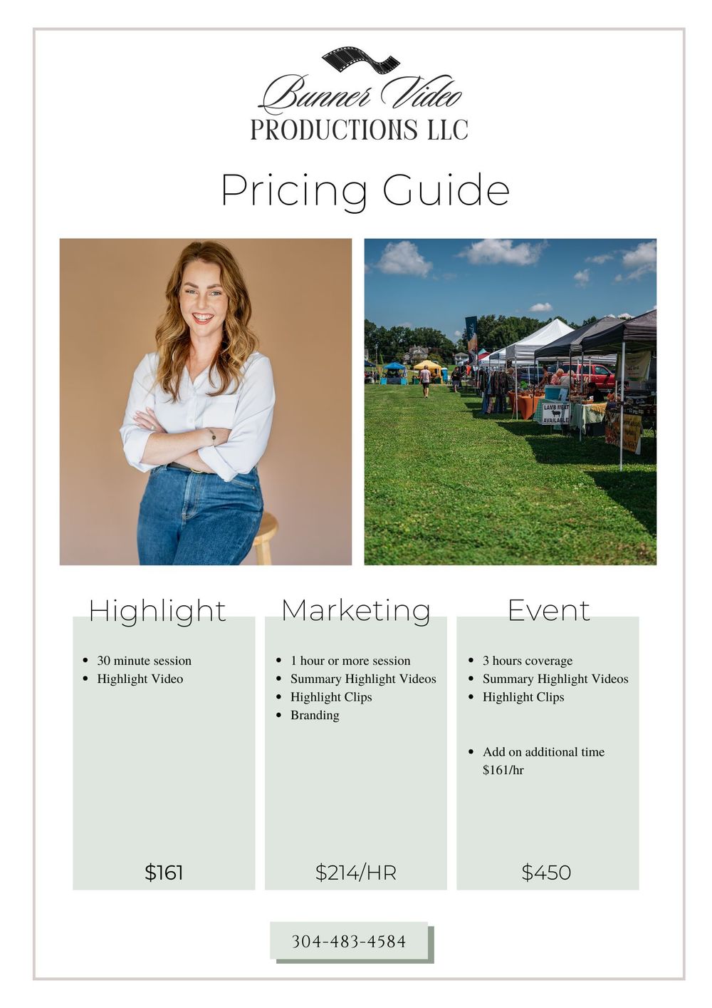 Professional photography pricing guide showing packages and marketing materials with rustic outdoor event venue images.