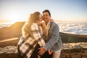 Proposal engagement couple sunrise photo at Haleakala summit Maui Hawaii