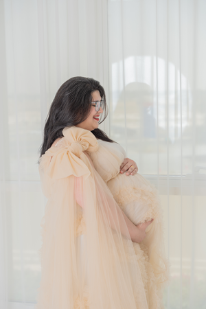 Dreamy boudoir maternity photos with flowing peach tulle fabric by window.