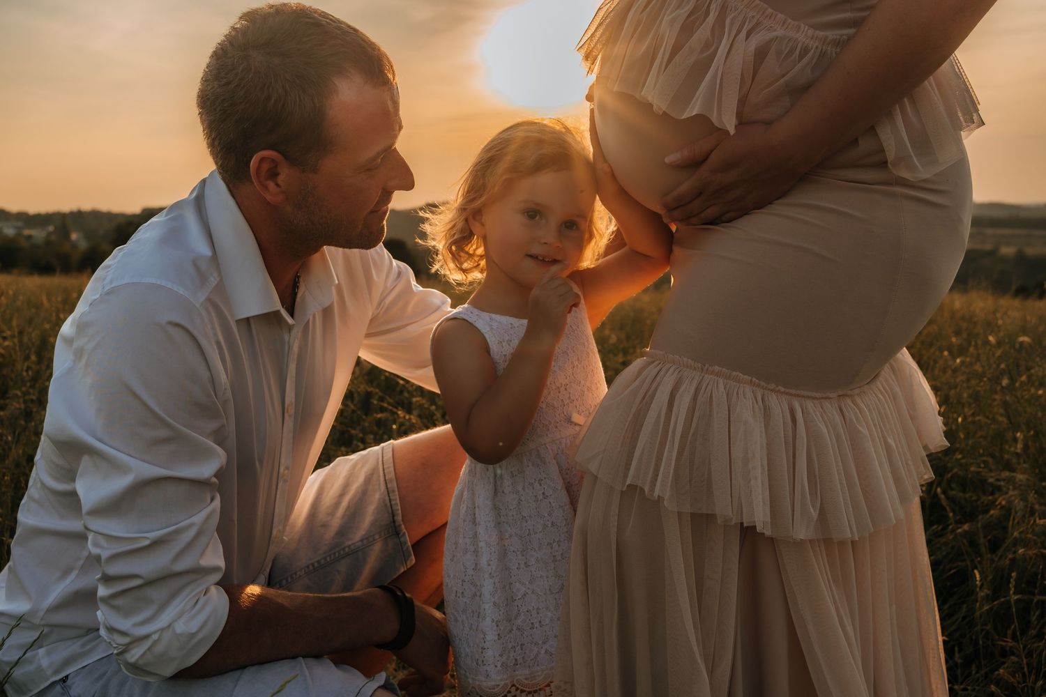 Romantic sunset engagement photoshoot showing couple embracing in golden hour lighting across multiple frames.