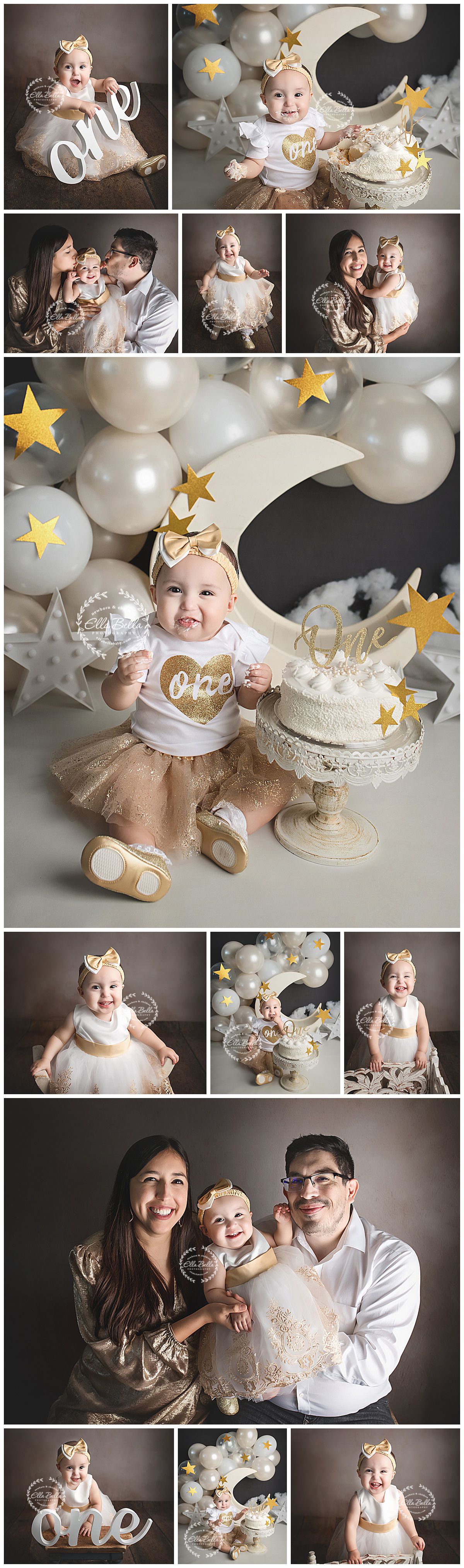 First birthday celebration setup with white balloons, gold stars, and an elegant white cake on a dark background.