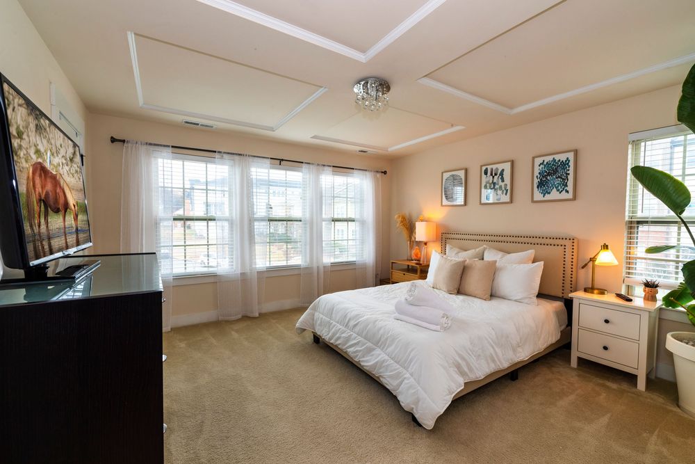 Bright master bedroom with tray ceiling, large windows, and elegant neutral decor.
