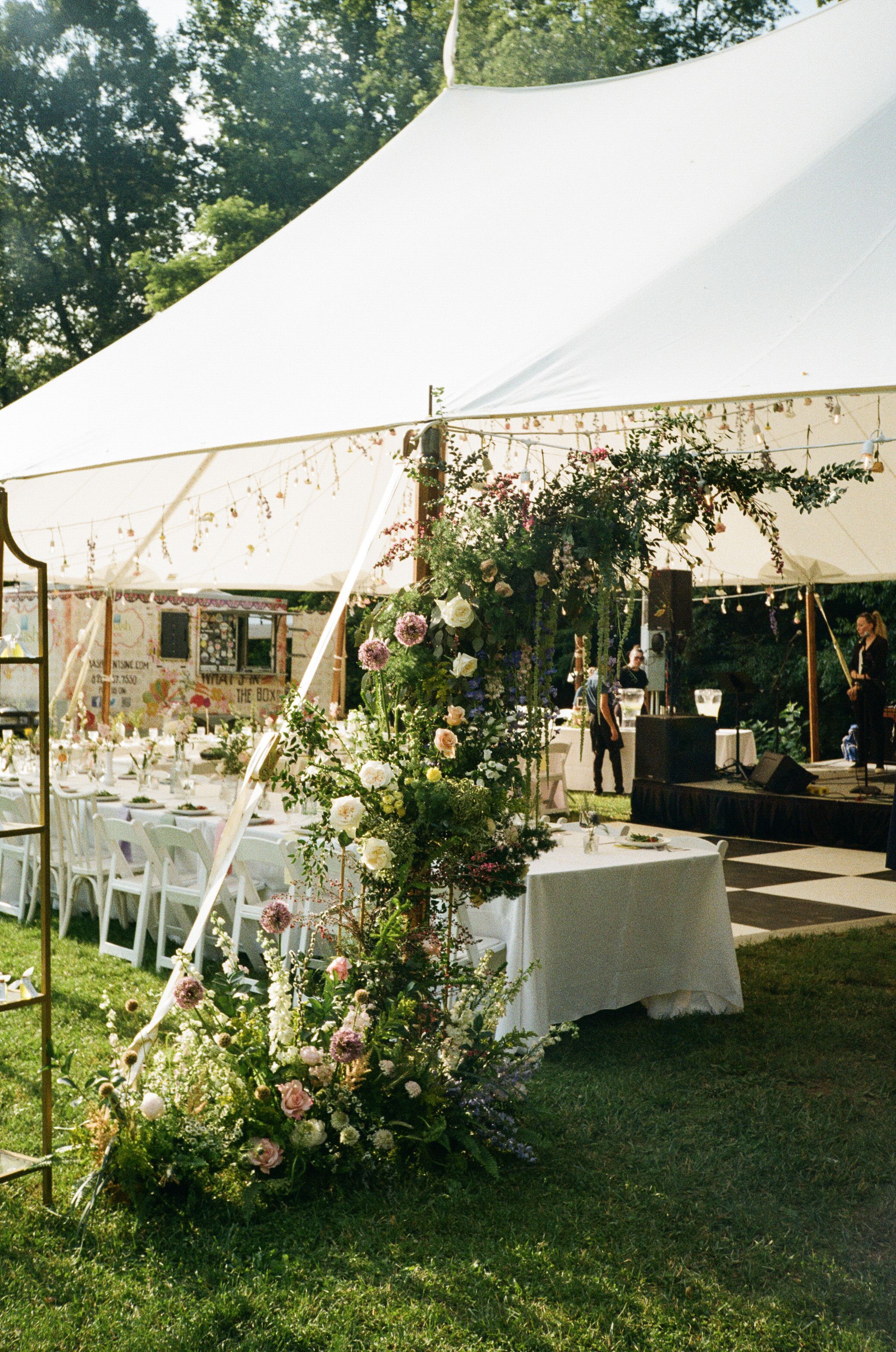 An elegant outdoor wedding reception setup with a white tent, floral arrangements, and table settings on a grassy lawn.