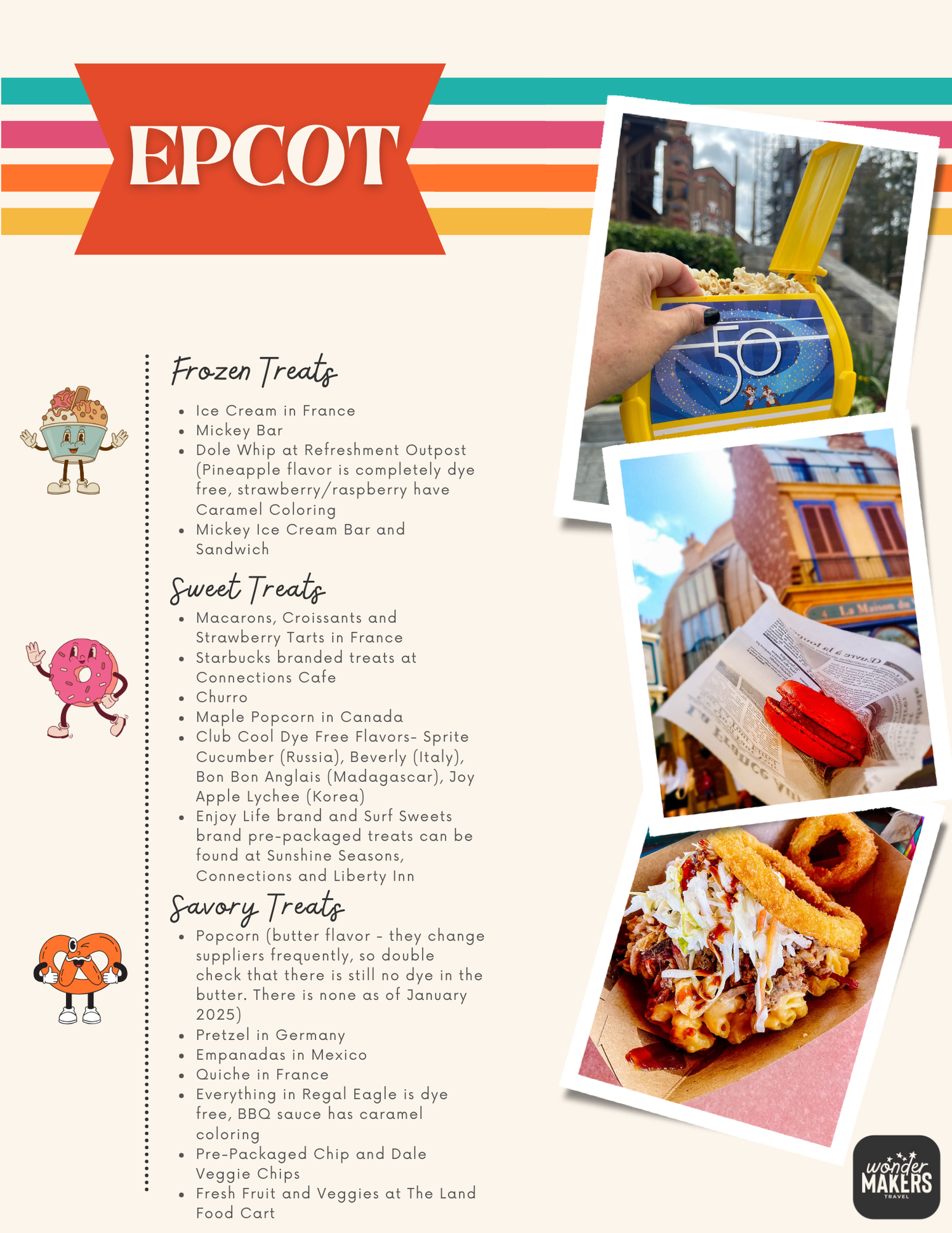 EPCOT food guide featuring frozen, sweet and savory treats with location information and food photos.