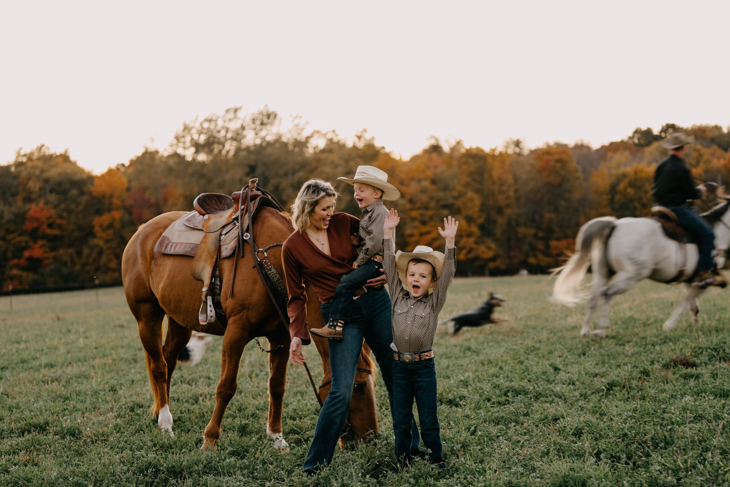 Brown and white horses grazing in a scenic autumn field at sunset with equestrians and fall foliage in background.