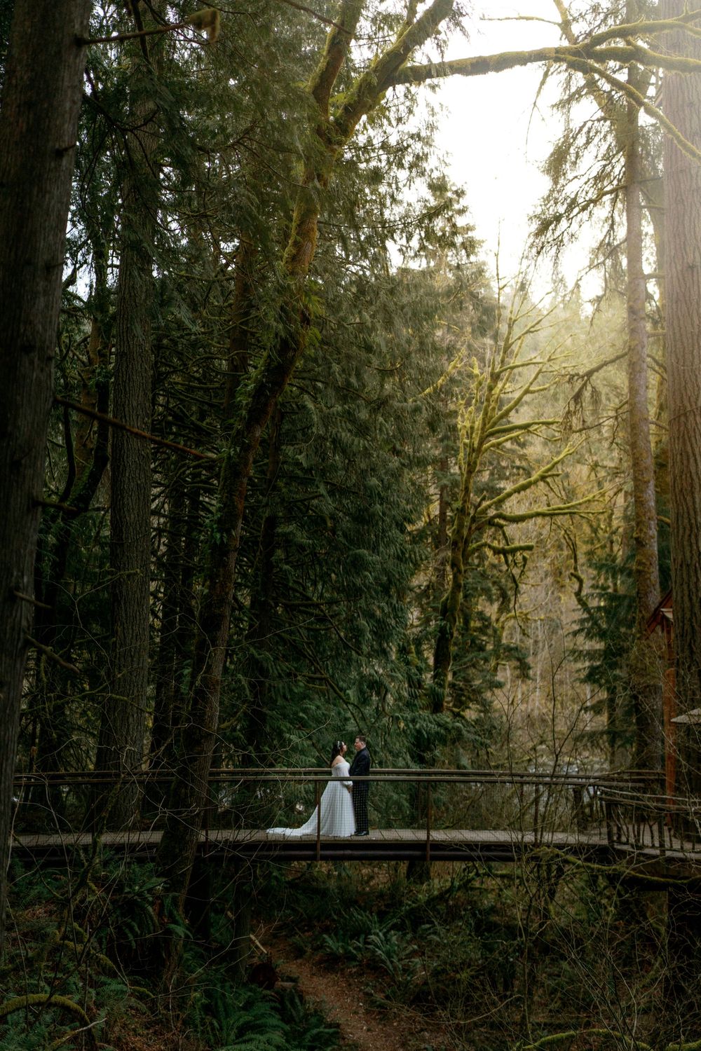A couple stands on a wooden suspension bridge surrounded by tall evergreen trees in a misty forest setting.
