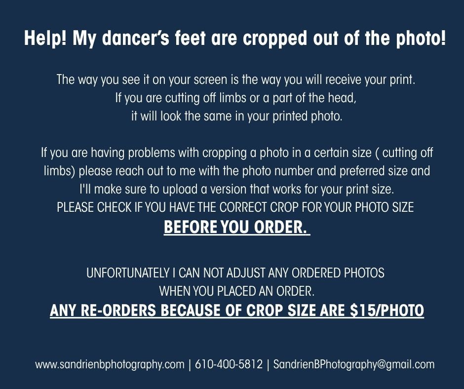 Professional photographer's instructions for cropping specifications and photo size requirements before ordering prints.