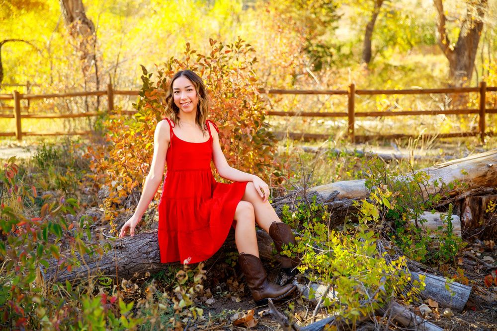 Person in flowing red dress sitting on rustic log surrounded by fall foliage.