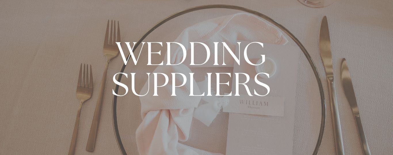 White floral wedding decorations and glass vases set against a beige wall with elegant text overlay announcing wedding packages.
